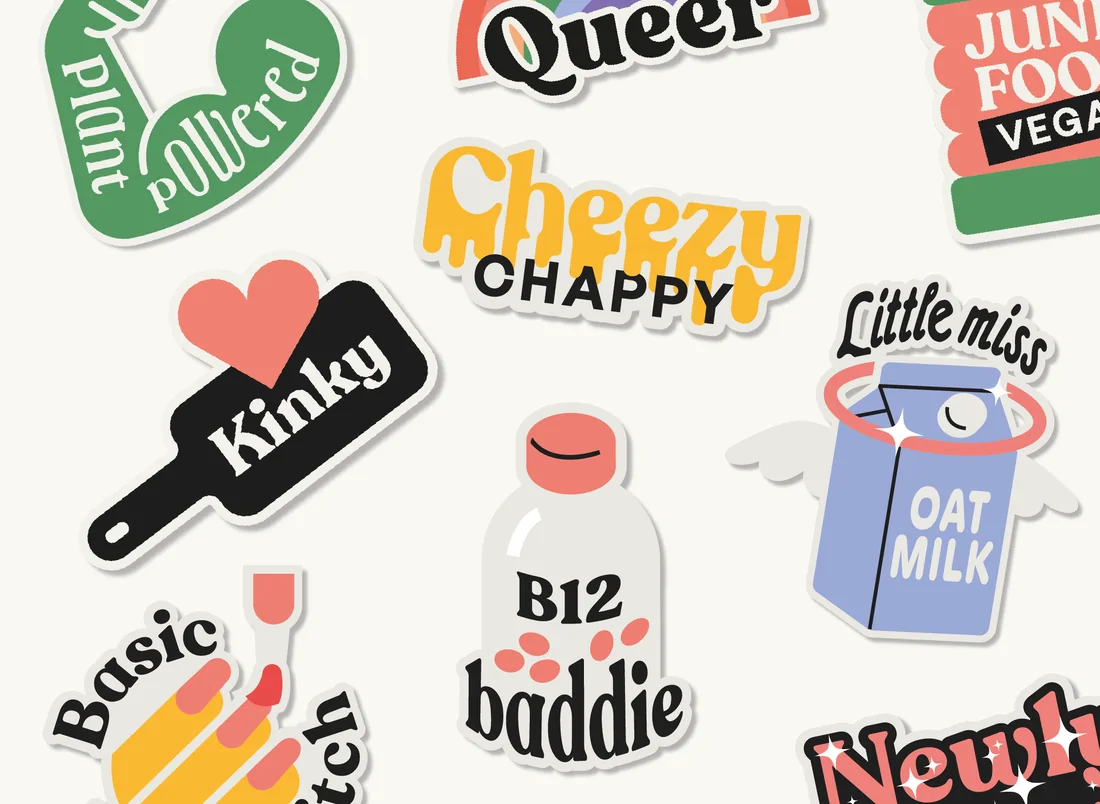Four GRAZER badges: Little miss oat milk, Soy boy, Basic vegan bitch and Junk food vegan