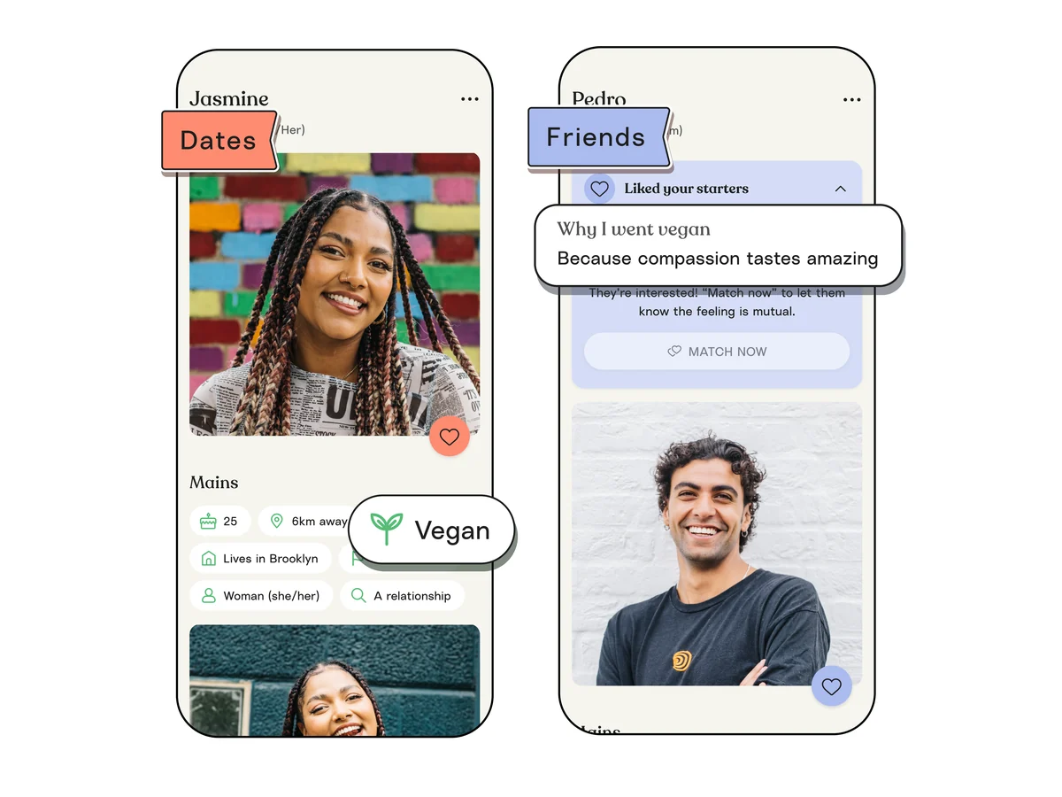 Two profiles in the new Grazer app, one for Dates and one for Friends